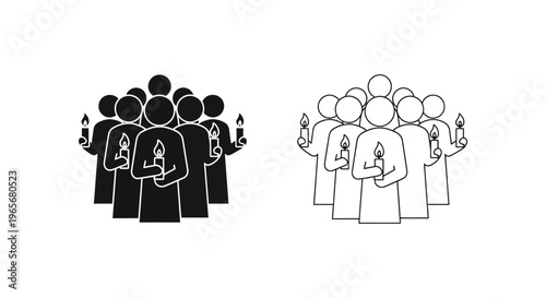 Candlelight vigil icon set, group of people holding burning candles in solidarity, mourning ceremony and memorial service vector illustrations