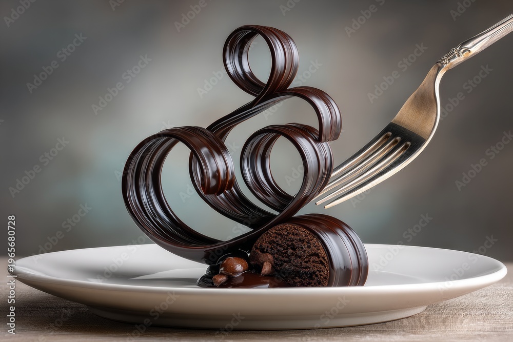 Fototapeta premium Glossy dark chocolate ribbon sculpture curls atop white plate beside sliced chocolate cake and silver fork, studio still life for dessert advertisement