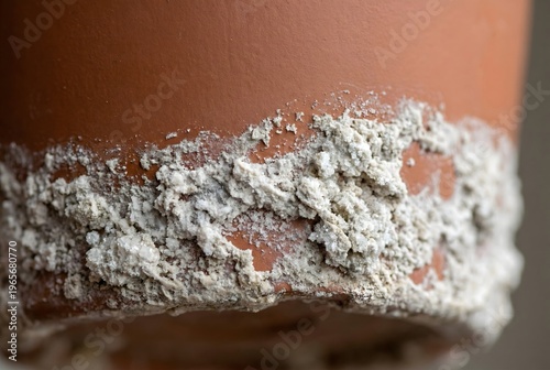 Macro close-up of a ceramic plant pot base encrusted with efflorescence and scale