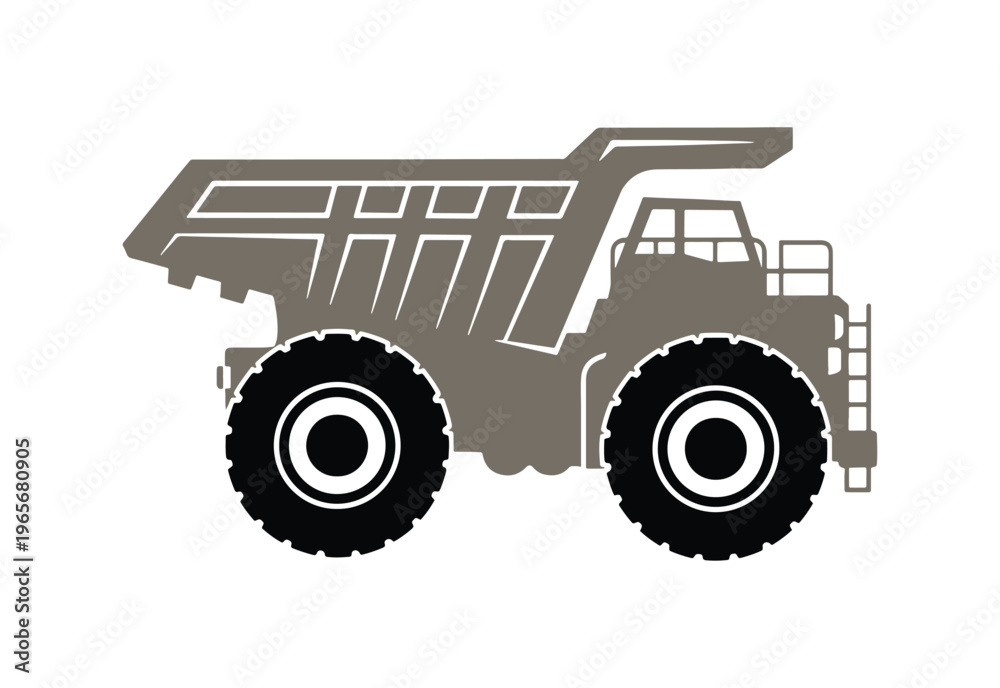 Obraz premium A big mining dump truck icon for construction. Shown from the side. A simple flat graphic illustration in vector style. Isolated on a white backdrop.