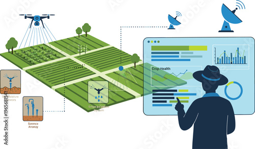Smart agriculture vector illustration with drone irrigation monitoring satellite data analytics dashboard and farmer managing precision farming system