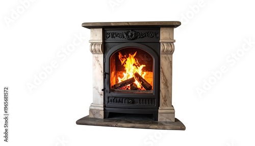 A fireplace with stone side pillars and a dark metal firebox containing burning logs and vibrant orange flames