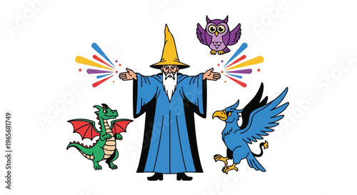 Cartoon wizard with fantasy creatures and colorful energy on white background