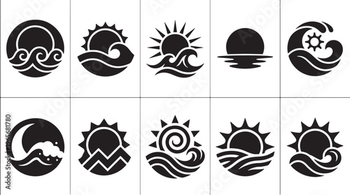 Black and white line collection of stylized animal heads and celestial symbols line animal heads silhouettes