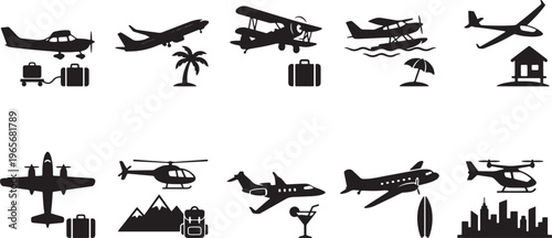 Black and white line collection of various aircraft and vehicles in flight and stationary positions airplane