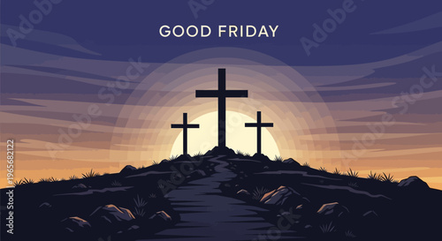 Good Friday illustration depicting three crosses on a hill during sunset, symbolizing sacrifice and resurrection