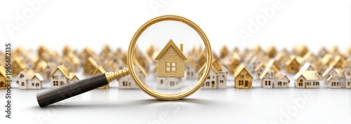 A conceptual image illustrating home selection using a magnifying glass. Miniature houses are in the background, with one in focus