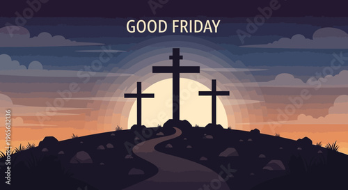 Three crosses silhouetted against a sunset on Good Friday, a solemn commemoration