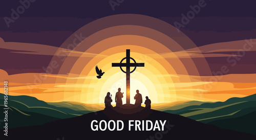 Good Friday illustration with a cross and people silhouetted against a vibrant sunset, symbolizing hope and religious significance