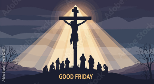 Illustrative depiction of a sacred crucifixion scene, with figures in solemn contemplation beneath a radiant cross, symbolizing profound sacrifice and spiritual remembrance