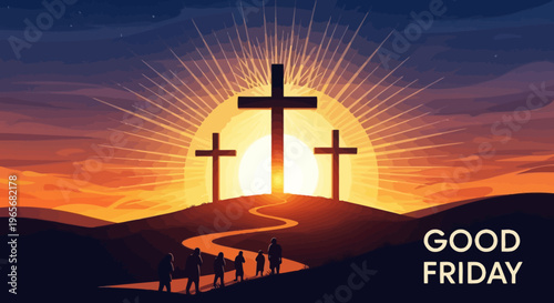 Good Friday crosses silhouetted against a dramatic sunrise, evoking sacrifice and hope for believers