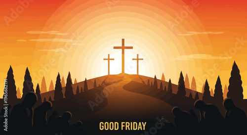 Good Friday Landscape Illustration with Three Crosses on a Hill During Sunset