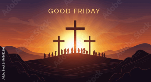 A solemn depiction of Good Friday with three crosses silhouetted against a warm, glowing sunset, symbolizing sacrifice and resurrection