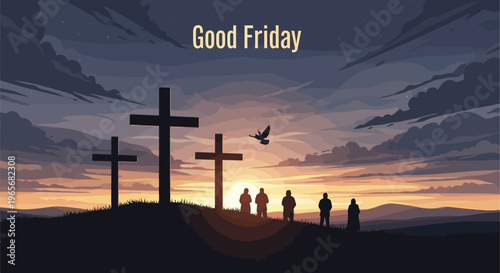 Solemn illustration depicting three crosses on a hill at a poignant dawn or dusk, with reverent figures observing the symbolic scene of sacrifice and reflection
