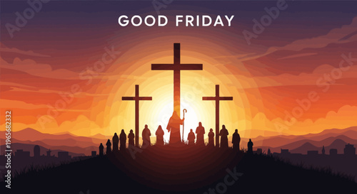 Good Friday procession with silhouettes of people and crosses against a vibrant sunset sky, commemorating the crucifixion of Jesus Christ