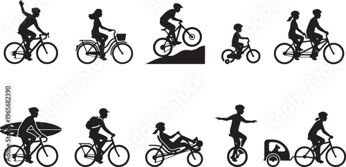 Black and white line of diverse cyclists riding bicycles in various dynamic poses line cyclists