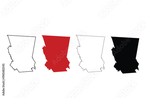 This Louisiana state map vector illustration features accurate geographic boundaries in multiple styles including line outline, dotted border, solid fill, and silhouette design.