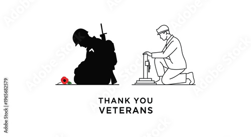 Veterans Day memorial vector illustration, kneeling soldier silhouette and veteran at grave, Thank You Veterans tribute card