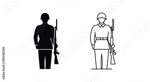 Military soldier silhouette and line icon set, armed infantry man in uniform with rifle, army guard standing at attention vector illustration