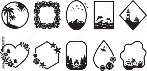 Black and white line of plants flowers trees and nature symbols for use line plants