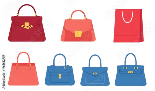 Fashion Handbag Vector Set with Stylish Women Bags Tote Purse and Shopping Bag Collection Flat Illustration for Retail Accessories and Luxury Design
