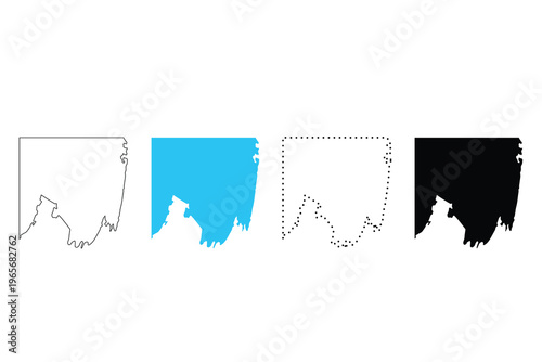 This Kansas state map vector illustration presents accurate geographic boundaries in multiple styles including line outline, dotted border, solid fill, and silhouette design.