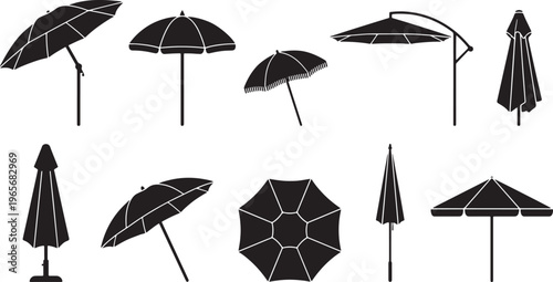 Black and white line of various types of umbrellas and parasols line umbrellas open