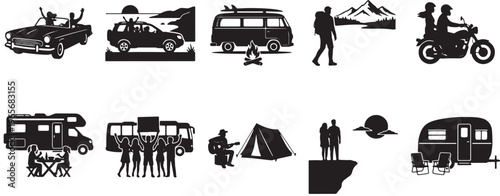 Black and white line transportation modes including car truck van bicycle motorcycle bus train and people walking