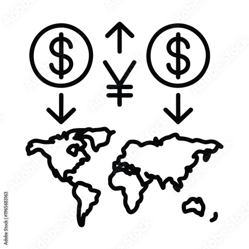 world map with currency symbols eps icon showing global finance international trade currency exchange and worldwide economy concept simple outline illustration