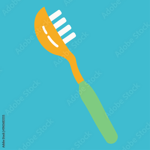 Yellow and green interdental brush icon on a light blue background.