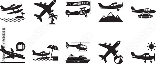 Black and white of summer travel and transportation airplane propeller plane hot air balloon bicycle