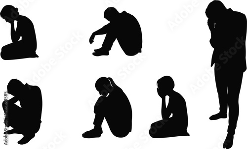 Silhouettes of depressed people sitting and standing in sad poses, emotional distress, anxiety and loneliness concept, isolated human figures on white background