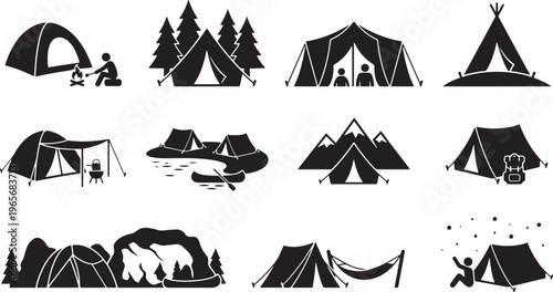 Black and white of various activities and under tents and canopies canopy camping cooking