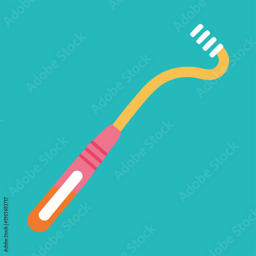 A single interdental brush with a curved yellow neck and pink handle is displayed as a flat vector graphic against a solid turquoise background for dental care.
