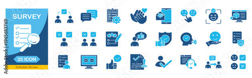 Survey web icons In Blue Monochrome.�feedback, exam, collection.Editable stroke. Vector illustration.