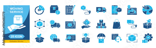 Moving Service web icons In Blue Monochrome.packing, loaders, collection. Editable stroke. Vector illustration.