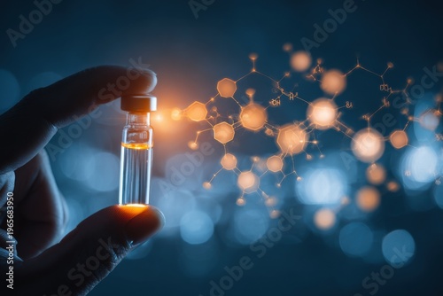 Hand presenting a peptide ampoule against a glowing molecular-style background, illustrating skincare science and health benefits