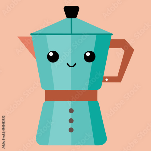 A detailed teal moka pot with a smiling face and brown accents is depicted as a flat vector graphic on a solid peach background for kitchen decor.