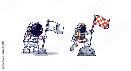 Astronauts in Space Suits Holding Flags.