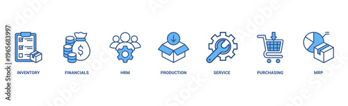 ERP banner web icon vector illustration concept for enterprise resource planning with icon of inventory, financials, hrm, production, service, purchasing, and mrp