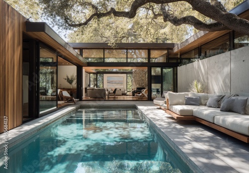 Modern home featuring a pool and outdoor lounge area, with expansive windows