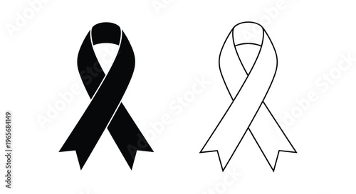 Black mourning ribbon vector set, awareness ribbon icons for grief and remembrance, funeral memorial symbols in solid and outline style