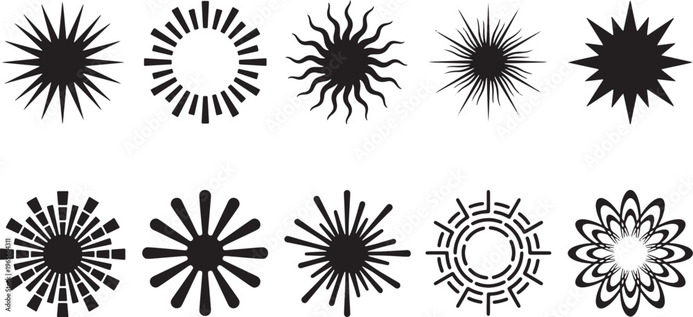 Obraz premium Black and white radial burst patterns with concentric lines and starburst radial patterns starburst geometric shapes