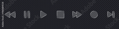 Glassmorphism video player media buttons icon set. Multimedia control interface symbol. Vector Illustration.
