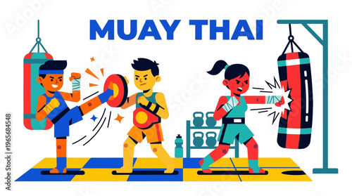 Dynamic illustration depicting male and female athletes engaged in Muay Thai training, showcasing combat techniques with punch mitts and punching bags