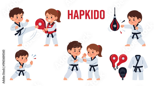 Energetic cartoon children practicing Hapkido and other martial arts techniques with focus and discipline, utilizing various training equipment for physical development and self-defense skills