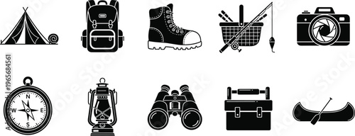 Camping and outdoor adventure icon set featuring tent, backpack, hiking boot, fishing gear, camera, compass, lantern, binoculars, toolbox, and canoe vector silhouettes.