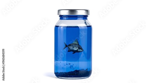 A fish swims within a glass bottle filled with vibrant blue liquid against a white background. Metallic lid seals the vessel