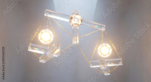 Elegant Libra zodiac scales in minimal crystal and gold chain 3D design, soft daylight studio style. For luxury branding, balance concepts, and astrology visuals.