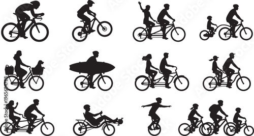 Black and white silhouettes of people riding bicycles in various styles and poses black silhouettes white background